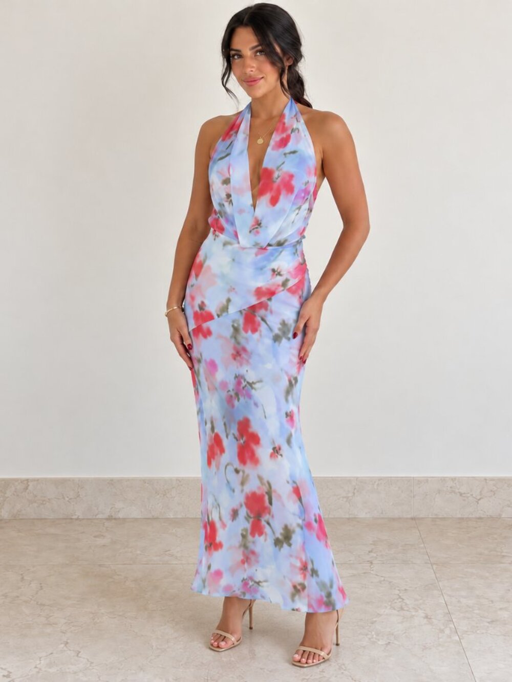 Zara Blue Pink Floral Halter Cowl Neck Midi Dress Altered Worn Once